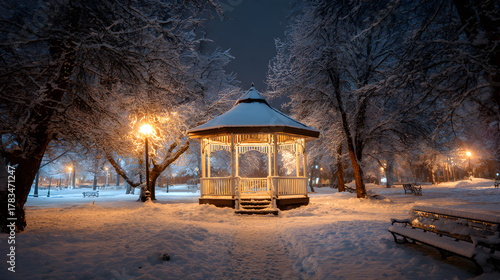 Wallpaper Mural Gazebo in snowy park illuminated by lights, HDR night glow and peaceful winter charm Torontodigital.ca