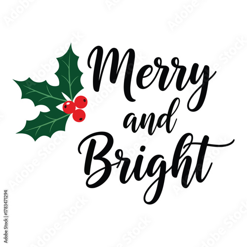 Christmas merry and bright holly text
