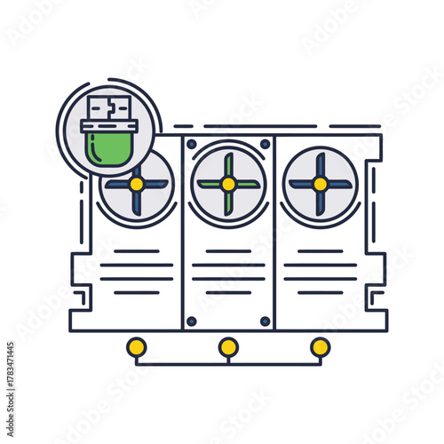 Cryptocurrency Mining Rig with USB Drive Icon.