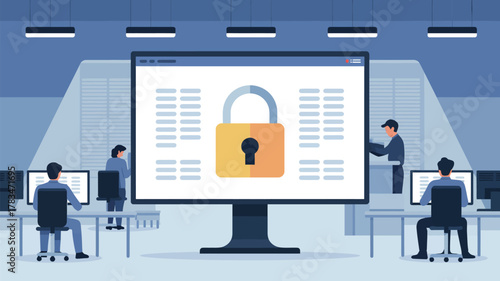 Illustration of data security with employees working in an office with a padlock on a screen