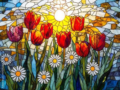 Colorful stained glass window depicting flowers and sunlight in a serene setting with vibrant hues and intricate designs Generative AI