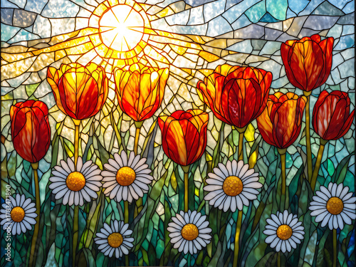 Colorful stained glass window depicting flowers and sunlight in a serene setting with vibrant hues and intricate designs Generative AI