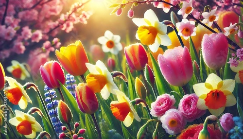 Colorful spring flowers under warm sunlight in the garden. Generative AI.
