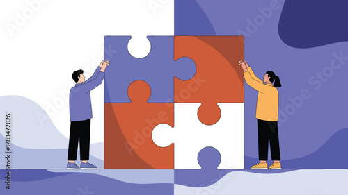 Two people assembling a jigsaw puzzle with blue orange and white pieces against a patterned background