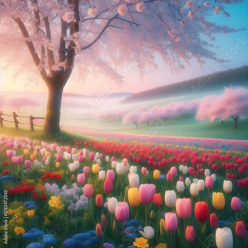 Colorful spring flowers under warm sunlight in the garden. Generative AI.