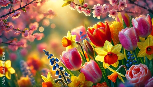 Colorful spring flowers under warm sunlight in the garden. Generative AI.