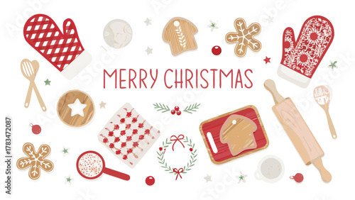 Festive merry christmas baking scene with gingerbread cookies oven mitts rolling pin and kitchen utensils on a white background