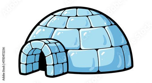 A charming illustration of a traditional arctic igloo, featuring blue ice blocks and a classic dome shape, symbolizing a unique shelter designed for cold, snowy environments