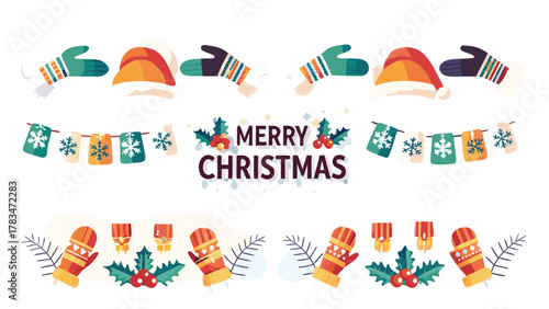 Festive merry christmas greeting with colorful mittens santa hats and snowflake banners for winter holiday celebrations