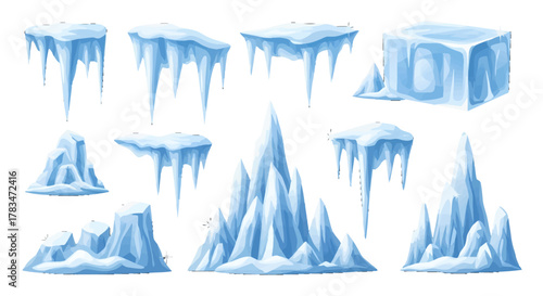 A comprehensive set of various blue ice formations, including hanging icicles, sharp glaciers, and frozen blocks, presented as a stylized cartoon illustration
