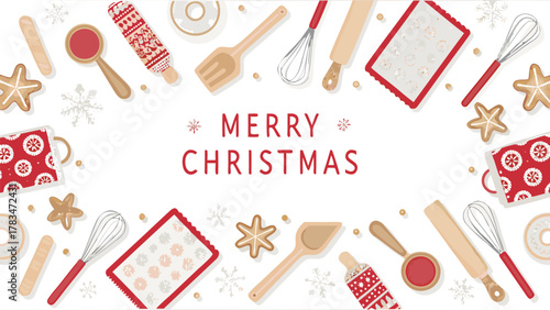 Festive christmas baking scene with gingerbread cookies mugs and kitchen utensils celebrating the holiday season