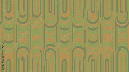 Abstract pattern with olive green and tan u shapes arranged in a repeating vertical pattern design