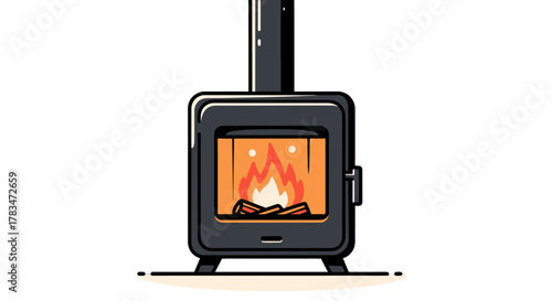 Flat design icon of a cast iron wood burner stove with a bright, warm fire, symbolizing home comfort and winter heating