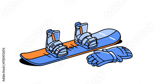 Illustrated depiction of a winter sports snowboard setup complete with bindings and a pair of matching gloves, ideal for cold weather recreation and mountain adventures