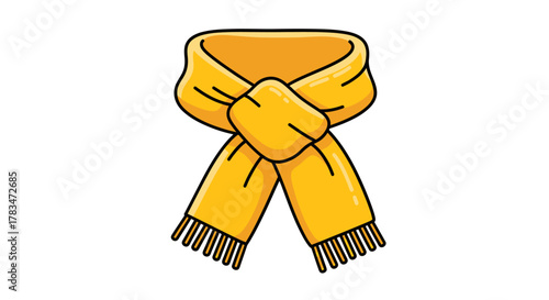 A bright yellow scarf tied in a knot, with tassels at the ends, presented as a simple cartoon illustration