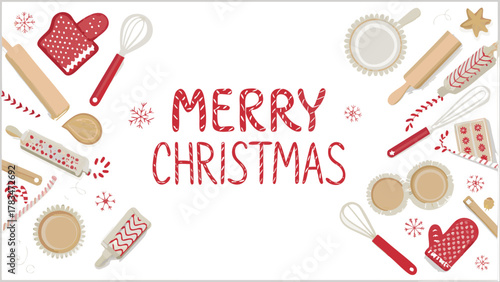 Merry christmas baking scene with festive kitchen tools and holiday decorations on a white background