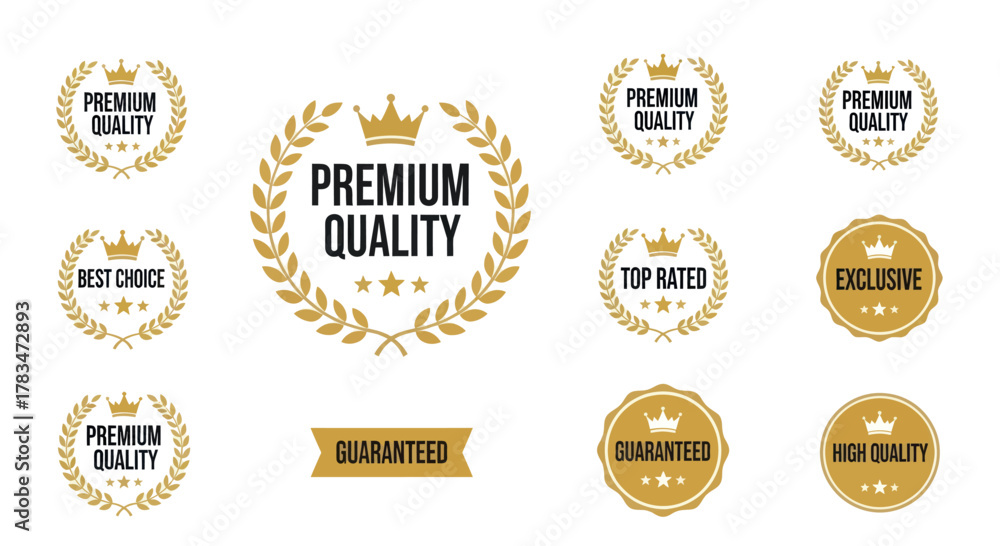 Naklejka premium Collection of golden premium quality badges, emblems, and labels with crowns and laurel wreaths.