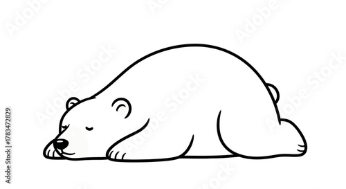 Cute cartoon illustration of a sleeping polar bear lying down on its side, with eyes closed and a peaceful expression, simple line art style
