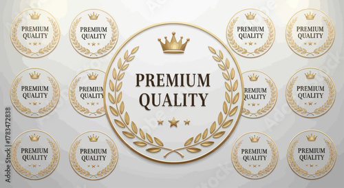 A collection of gold premium quality seals with laurel wreaths and crowns on a light background.