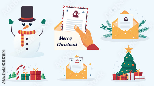 Whimsical christmas scene featuring a happy snowman festive gifts a decorated tree and holiday mail with merry christmas greetings