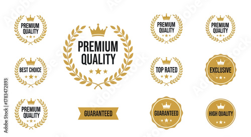 Collection of golden premium quality badges, emblems, and labels with crowns and laurel wreaths.