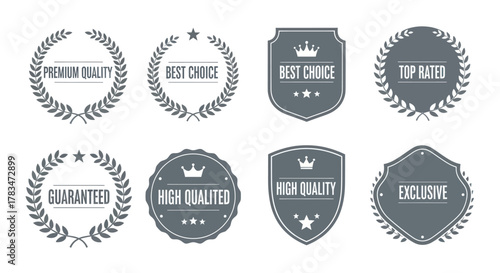 A collection of eight circular and shield-shaped badges and emblems indicating quality, choice, and exclusivity.