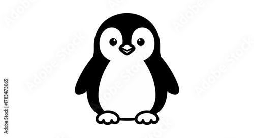 Charming black and white illustration of a cute cartoon penguin, ideal for playful designs, educational resources, or children's book projects, offering a friendly and simple visual