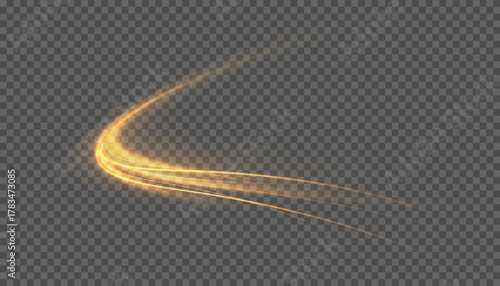 Sparkling spiral. Curved golden lines effect, golden sparkling arc. Vector graphics "Light in Motion."