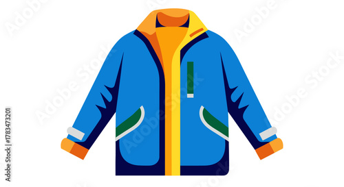 Vector illustration of a blue winter jacket with orange and yellow details. Concept for outdoor apparel, cold weather gear, and seasonal clothing isolated on a white background