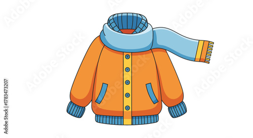 Vibrant cartoon-style winter jacket illustration with a blue scarf, perfect for seasonal clothing, cold weather fashion, and cozy apparel designs