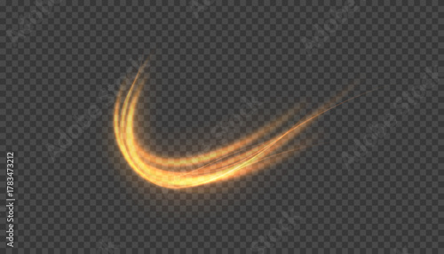 Sparkling spiral. Curved golden lines effect, golden sparkling arc. Vector graphics "Light in Motion."