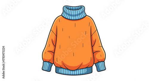 Illustration of a warm and cozy orange turtleneck sweater with blue accents. Isolated icon of stylish winter knitwear fashion apparel