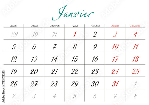 Minimalist French 2026 calendar with months and dates, clean typography design, white background