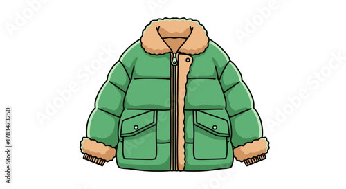 Vibrant green puffer jacket illustration, featuring a cozy faux fur collar and cuffs. Ideal for warmth in cold weather, this modern outerwear piece represents comfortable winter fashion