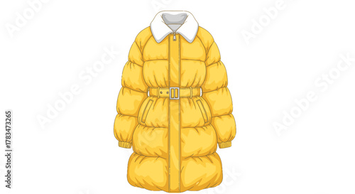 Vector illustration of a stylish yellow puffer jacket with a white collar and belt. Winter outerwear fashion concept isolated on white background