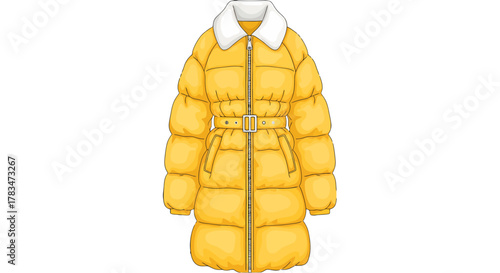 Fashionable yellow puffer coat with belt for women, stylish winter outerwear