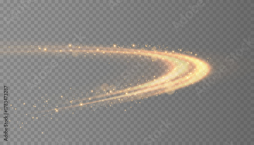 Curved golden lines light effect. Bright light. Golden glittering arc glow effect with magical dust particles effect with special lighting effect. Vector graphic.