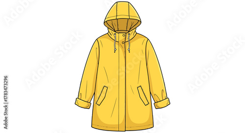Cheerful yellow hooded raincoat illustration for wet weather. This waterproof jacket offers stylish and practical protection, ideal for outdoor activities on rainy days