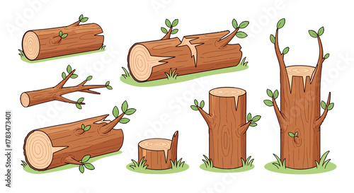 Collection of illustrated wooden logs, tree stumps, and branches on green grass, representing forestry materials and the concept of natural regrowth