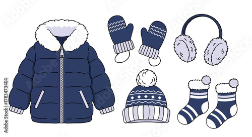 Collection of cozy blue winter clothing and accessories including a puffer jacket, knit hat, mittens, socks, and earmuffs