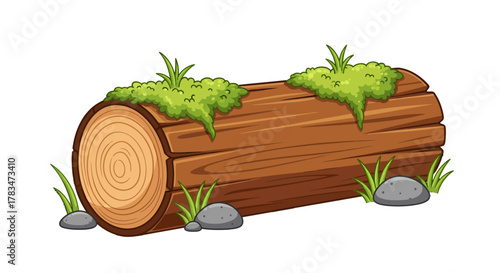 Vector illustration of a rustic wooden log covered in green moss, surrounded by small stones. An isolated cartoon element for forest or nature-themed designs