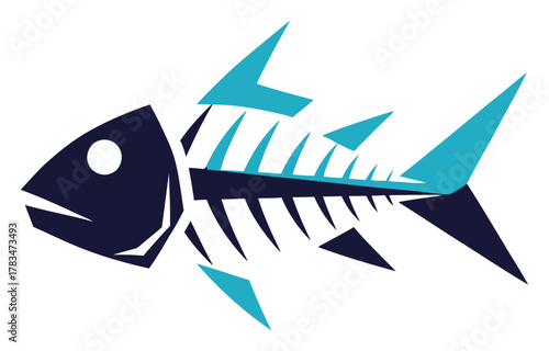 Stylized fish skeleton logo with blue accents, a modern and eyecatching design