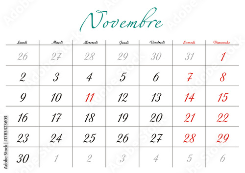 Minimalist French 2026 calendar with months and dates, clean typography design, white background