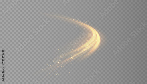 Curved golden lines light effect. Bright light. Golden glittering arc glow effect with magical dust particles effect with special lighting effect. Vector graphic.