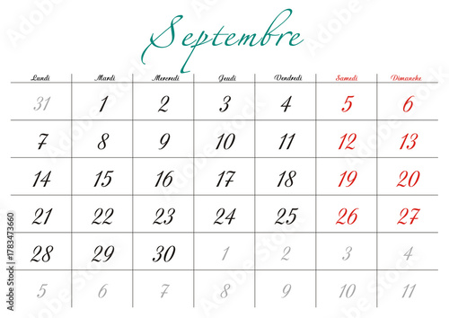 Minimalist French 2026 calendar with months and dates, clean typography design, white background