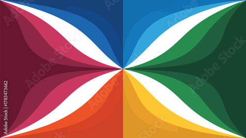 Abstract colorful design with curved shapes forming a central point and symmetrical arrangement