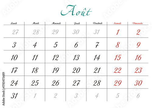 Minimalist French 2026 calendar with months and dates, clean typography design, white background