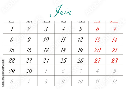 Minimalist French 2026 calendar with months and dates, clean typography design, white background