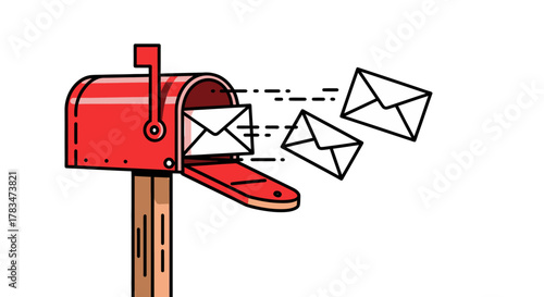 A red mailbox with envelopes flying out of it, symbolizing mail delivery and communication