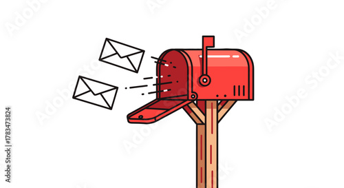 Red mailbox with letters flying out, symbolizing communication and mail delivery services on a white background